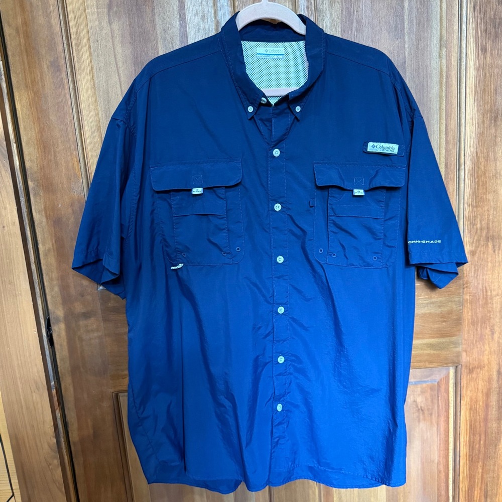 Columbia PFG Bahama II Mens XXL Navy Blue Short Sleeve Fishing Shirt Omni-Shade